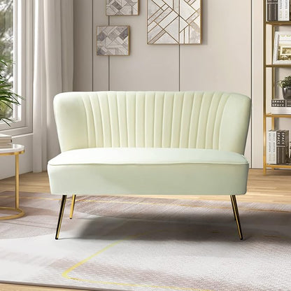 TINA'S HOME Contemporary Velvet Loveseat Sofa, Upholstered Loveseat Couch with Golden Metal Legs, Small Tufted 2-Seat Sofa Armless Love Seat for Living Room, Bedroom, Apartment Small Spaces, Ivory