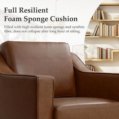Faux Leather Swivel Accent Chair, 360° Swivel Upholstered Club Armchairs for Living Room, Comfy Single Sofa Reading Chair with Deep Seat, Metal Swivel Base, Coffee
