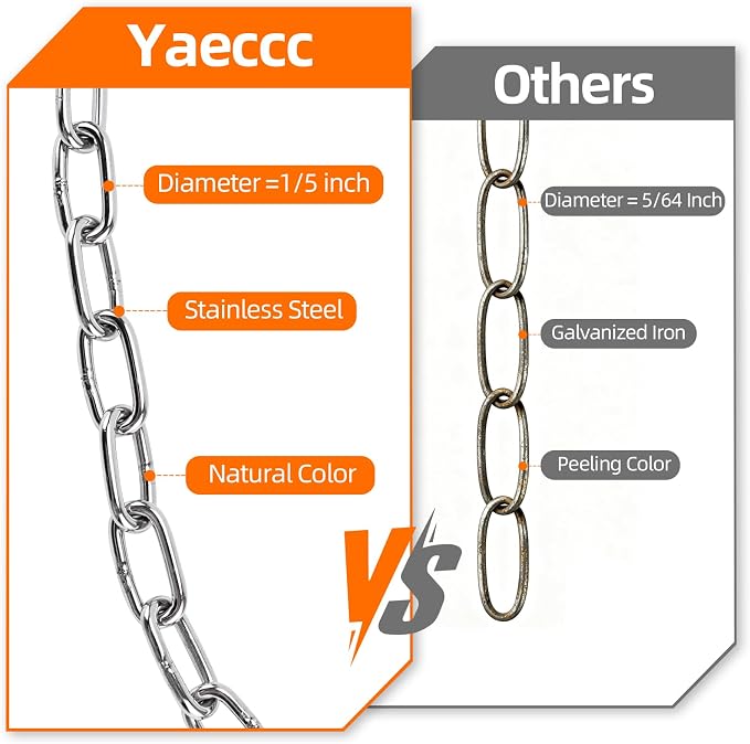 Yaeccc Heavy Duty Porch Swing Hanging Chain Kit,2 Pack Stainless Steel Porch Swing,1500 Lbs Capacity, Indoor/Outdoor Hanging Hardware (Silver, 105'' Long Chain)