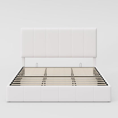 Allewie King Size Velvet Lift Up Storage Bed Frame, Vertical Channel Tufted Headboard, Hydrualic Underneath Storage, Upholstered Platform Bed, Wooden Slats Support, No Box Spring Needed, White