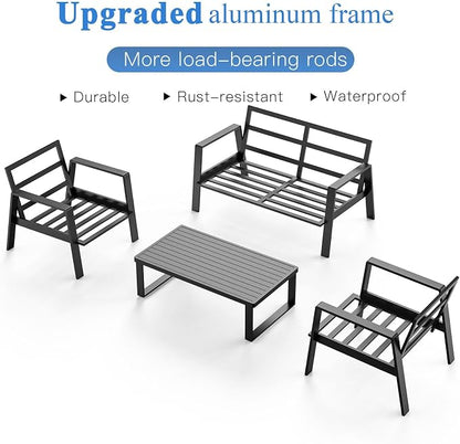Aluminum Outdoor Patio Furniture Set, 4 Piece Sectional Coversation Sets with Coffee Table, Modern Outdoor Sofa Couch with Thick Cushions for Porch, Balcony, Garden (Black/Blue)