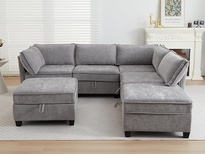 ORRD Corner Modular Sectional Sofa Set, Convertible L Shaped Couch with Storage, 6 Seater Sofa Modular with Ottomans and Reversible Chaise for Living Room, Office (Grey)