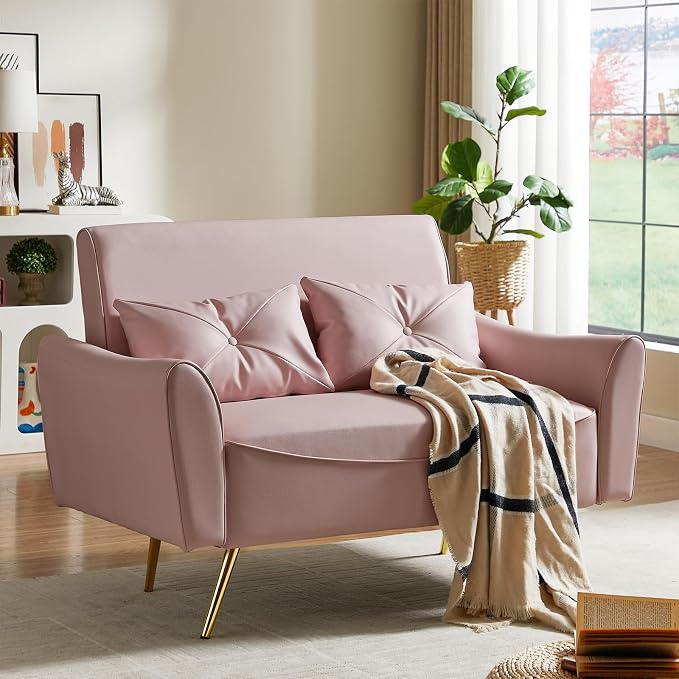 Brelice 47" Faux Leather Loveseat Sofa, Modern Small Couch for Small Space with 2 Pillows, 2 Seater Couch for Living Room, Bedroom, Office, Apartment (Pink)