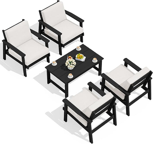 SERWALL Outdoor Patio Furniture Set, 5 Piece HDPE Patio Conversation Sets, All-Weather Wood-Like Outdoor Couch Loveseat and Coffee Table with Thick Cushions for Porch Balcony Garden Backyard