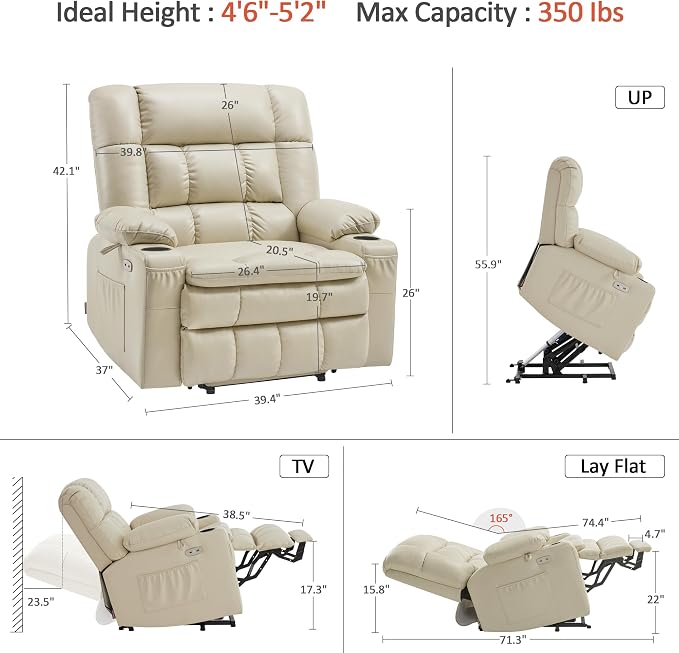 MCombo Small Dual Motor Power Lift Recliner Chair for Elderly, Zero Gravity Lift Chair with Heat and Massage, Lay Flat Recliner for Petite, USB Ports, Faux Leather R7894 (Cream White, Small-Wide)