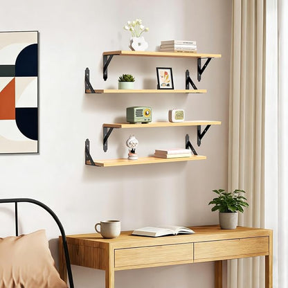 ROMGUAR CRAFT Wood Floating Shelves Set of 4, Rustic Storage Decor Wall Shelves, Wall Mounted Shelf for Living Room, Bedroom 23.6" x 6", Natural
