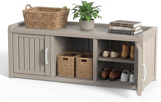 DRATO Outdoor Shoe Storage Cabinet, Waterproof Resin Shoe Storage Bench, Large Shoes Rack Cabinet with 2 Doors for Outdoor Indoor Entryway Hallway Corner Bedroom Porch (Grey, 2 Doors)