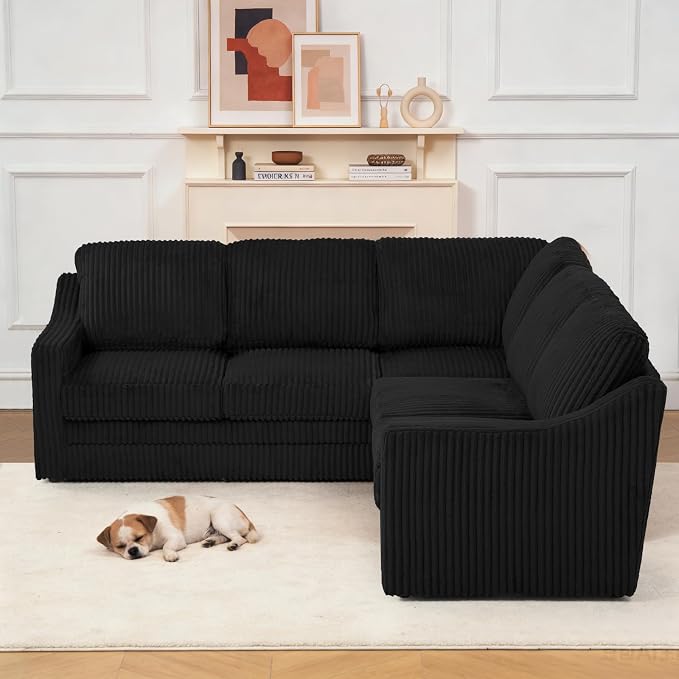 89 Inches Corduroy Sectional Sofa with High Density Sponge, Modern 5 Seats Corner Couch with Deep Seat, Comfy Modular L Shaped Couch with Comfortable Back Cushions for Living Room, Black