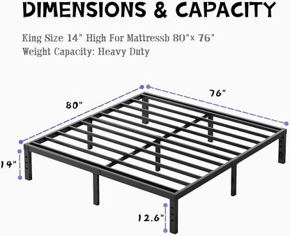 Furnitui 14 Inch High Platform King Bed Frame, Metal King Bed Frame No Box Spring Needed, Easy to Install, Noise Free, Sturdy