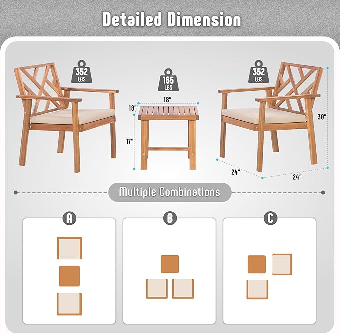 Werph 3-Piece Acacia Wood Outdoor Patio Furniture Set | Conversation Set with Padded Cushion Chairs and Coffee Table, for Porch Balcony Deck Backyard