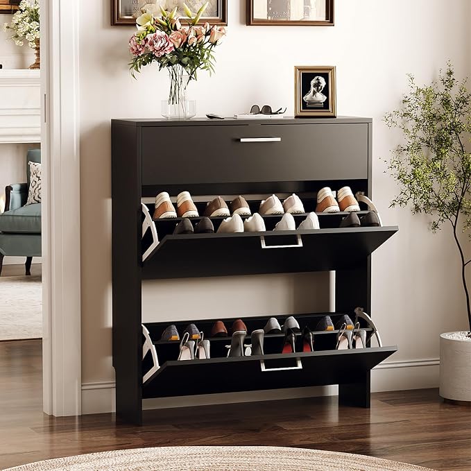 VINGLI Set of 2 Black Shoe Cabinet for Entryway, 2-Pack 31.5" W Extra Wide Slim Shoe Organizer with 2 Flip & 1 Drop-Down Drawers, Modern All-Black Shoes Rack, Narrow Freestanding Cabinet for Hallway