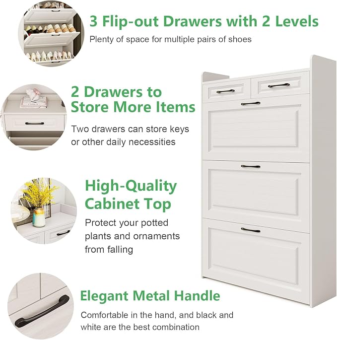Shoe Cabinet Storage for Entryway with 3 Large Flip Drawers & 2 Storage Drawers, Narrow Shoe Organizer Cabinet Fits for Kinds of Shoes, Slim Shoe Storage Cabinet for Entryway, Hallway, Living room