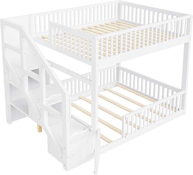 Full Over Full Floor Bunk Bed with Storage Ladder and Guardrails,for Kids Teens Adults (White#FF, Full Over Full)