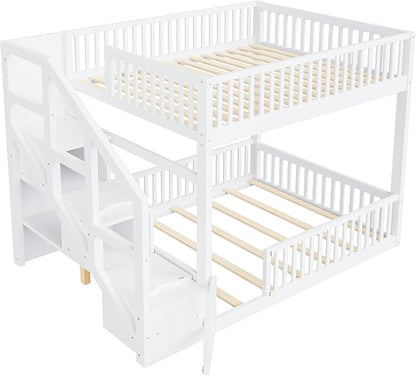 Full Over Full Floor Bunk Bed with Storage Ladder and Guardrails,for Kids Teens Adults (White#FF, Full Over Full)