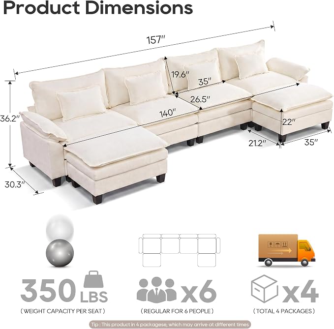 URRED Oversized Modular Sectional Sofa, 157" U Shaped Modern Comfy Cloud Couch with Movable Ottoman & Pillows, Deep Seat Couches for Living Room, Bedroom or Apartment (Chenille Beige, 157" U Shaped)