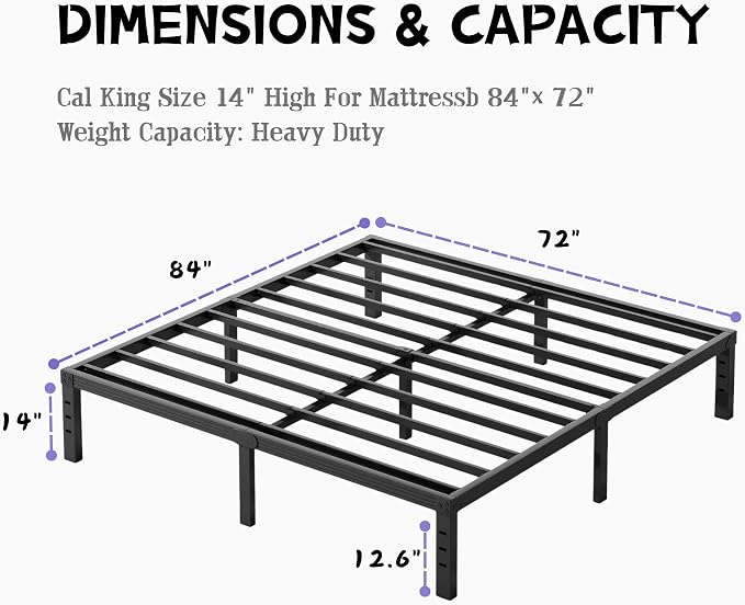 Furnitui 14 Inch High Platform California King Bed Frames, Metal Cal King Bed Frame No Box Spring Needed, Easy Assembly, Noise Free, Sturdy, Black