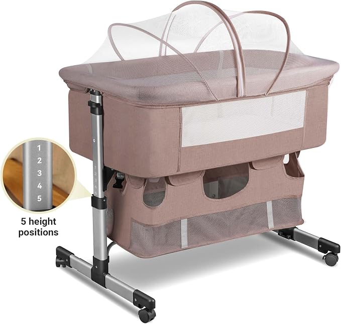 Soobaby Baby Crib,3 in 1 Bedside Crib Adjustable Portable Bed for Infant,Bassinet Baby Newborn Must Have Bed, Khaki