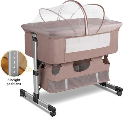 Soobaby Baby Crib,3 in 1 Bedside Crib Adjustable Portable Bed for Infant,Bassinet Baby Newborn Must Have Bed, Khaki