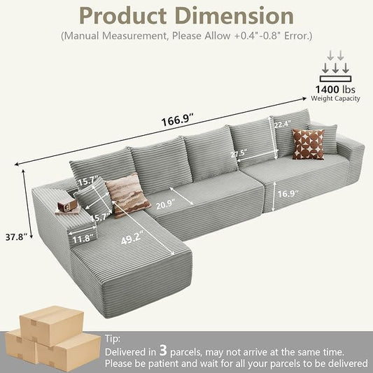 166.9" Cloud Sectional Couch with L-Shape Chaise, Modern Modular Comfy Sofa Chaise Longue, Upholstered Corduroy Couches Sleeper with Deep Seat for Living Room Bedroom, No Assembly Required, Grey