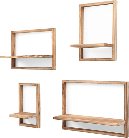 PHOENANCEE Square Floating Shelves,Framed Wall Shelf Decorative Set of 4,Modern Plants Hanging Display Art Decor Storage for Livingroom Bedroom Bathroom Farmhouse,Home Light Wood,Carbonized Black