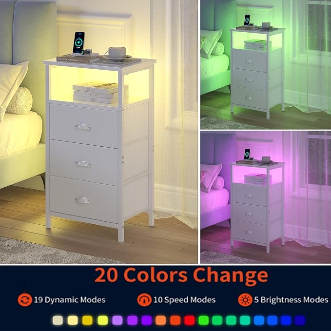 sthmec Nightstand with Charging Station,LED White Nightstand with 3 Fabric Drawers PU Finish, Bedside End Tables, 2-Tier Open Storage Shelf Side Table Nightstand with Drawers for Bedroom,White