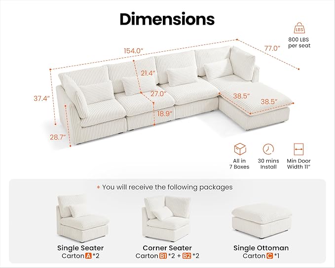 154" Oversized Corduroy Couch Modular Sectional Sofa, Washable Cloud Couch Sectional with Ottoman, 5 Seater Sectional Couches for Living Room, Fully Cover Removable, L Shaped, Corduroy, White