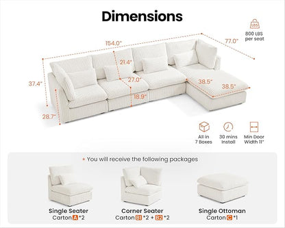 154" Oversized Corduroy Couch Modular Sectional Sofa, Washable Cloud Couch Sectional with Ottoman, 5 Seater Sectional Couches for Living Room, Fully Cover Removable, L Shaped, Corduroy, White
