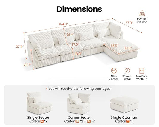 154" Oversized Corduroy Couch Modular Sectional Sofa, Washable Cloud Couch Sectional with Ottoman, 5 Seater Sectional Couches for Living Room, Fully Cover Removable, L Shaped, Corduroy, White