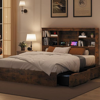 GarveeHome Full Size Bed Frame with High Storage Bookcase Headboard, Wood Bed Frame with 4 Storage Drawers, Built in Charging Station, No Box Spring Needed, Metal Frame, Noise-Free, Vintage Brown