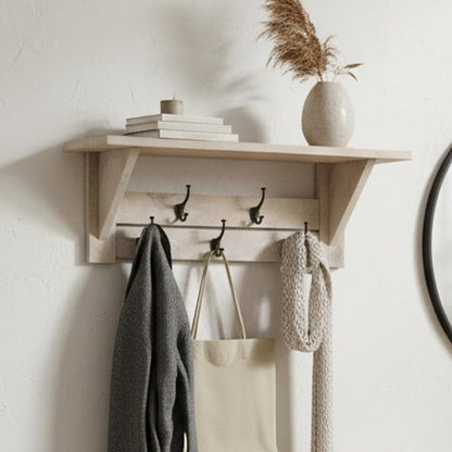 Alaterre Furniture Bethel Wall-Mounted Coat Rack with Shelf – Modern Farmhouse 40-Inch Solid Wood Entryway Organizer with 5 Black Metal Double Hooks & Upper Storage Shelf (Driftwood Finish)