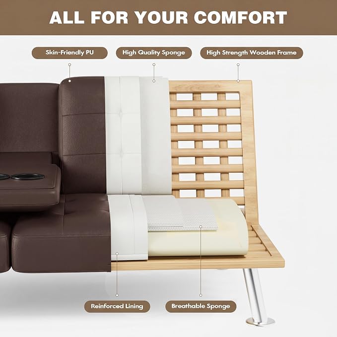Homall Futon Sofa Bed, Leather Futon Couch with Removable Armrests, Adjustable Recliner Sleeper Sofa Bed with Dual Cup Holders for Living Room, Apartment, Office (Brown)
