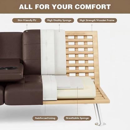 Homall Futon Sofa Bed, Leather Futon Couch with Removable Armrests, Adjustable Recliner Sleeper Sofa Bed with Dual Cup Holders for Living Room, Apartment, Office (Brown)