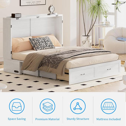 PUREMIND Queen Murphy Bed Cabinet with Mattress Included, Bedroom Cabinet Beds with USB Charging Station, Murphy Chest Bed with Storage Drawers, Horizontal Wallbed for Guest Room White