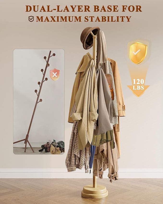 Freestanding Coat Rack, Solid Wood Coat Tree with 8 Smooth Rounded Hooks, Adjustable Height Heavy Duty Coat Rack with Dual-Layer Base, Holds Coats Hats Bags for Entryway, Bedroom, Living Room