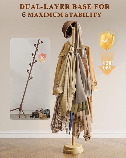 Freestanding Coat Rack, Solid Wood Coat Tree with 8 Smooth Rounded Hooks, Adjustable Height Heavy Duty Coat Rack with Dual-Layer Base, Holds Coats Hats Bags for Entryway, Bedroom, Living Room