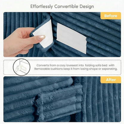 cidludto Convertible Sofa Bed, Boneless Couch 2 in 1 Loveseat Folding Couch Bed Foldable, Chair Bed & Futon Sofa Bed, Small Corduroy Pull Out Sofa with 4 Pillows for Living Room, Blue