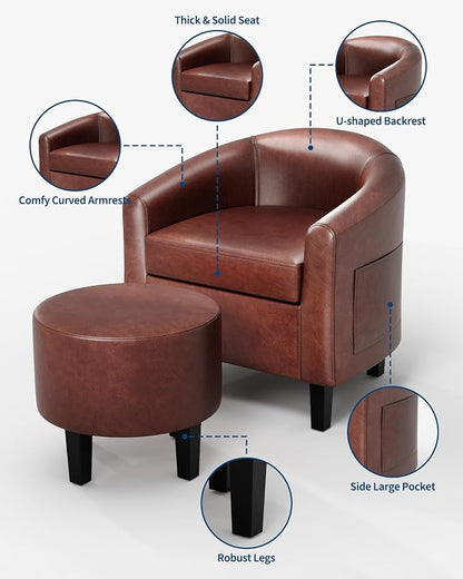 GarveeHome Accent Chair with Ottoman, Faux Leather Barrel Chair, Corner Chair with Stool, Mid-Century Upholstered Living Room Chairs, Brown