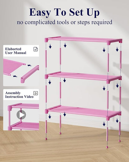 Kitsure Shoe Rack - Non-Woven Shoe Rack Shelf, Shoe Organizer for Closet, Entryway, Garage & Corridor, Stackable Shoe Shelves, 27.5" Wide - 3 Tier, Pink