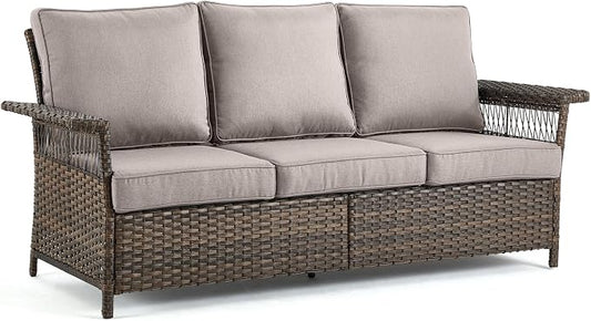 Patio Wicker Sofa 3-Seat Sofa Brown PE Rattan Couch with Water-Resistant Seat Back Cushions Resin Wicker Couch for Garden Balcony Backyard Deck Porch Sunroom, Sofa(1PC), Brown|Grey