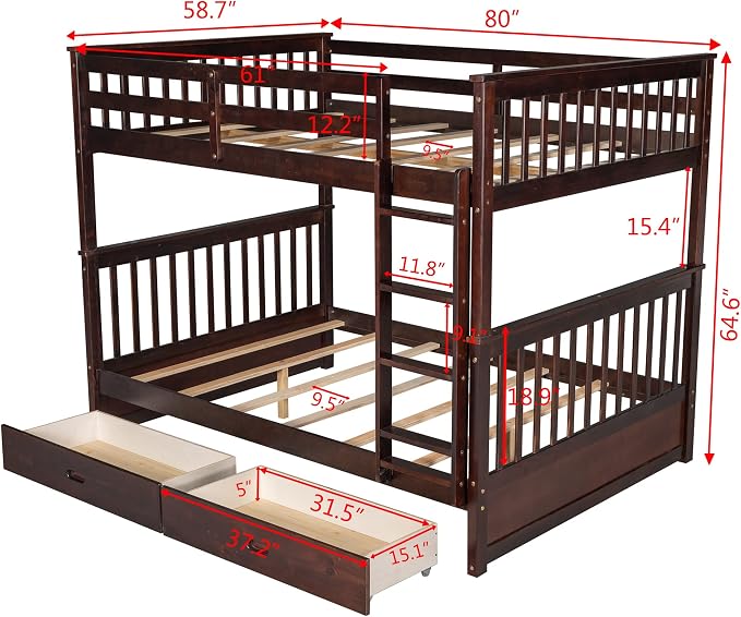 Merax Full-Over-Full Bunk Bed with Two Storage Drawers, Solid Wood Full Size Bunk Bed with Guardrail and Removable Ladder, Can be Converted Into 2 Separate Beds, Espresso