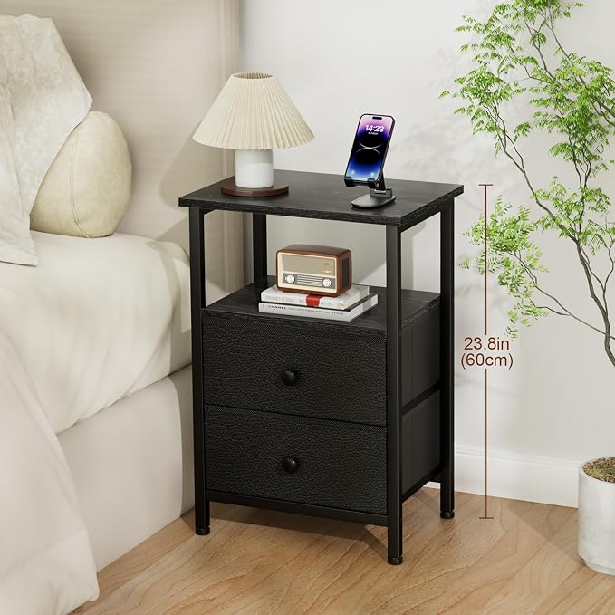 LOAKEKEL Nightstands Set of 2, Night Stand with 2 Fabric Drawers, Bed Side Table with Open Storage Shelf for Bedroom, Small End Tables Living Room, Black, HETS002BK