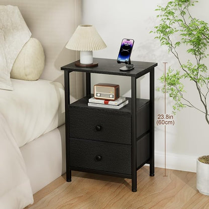LOAKEKEL Nightstands Set of 2, Night Stand with 2 Fabric Drawers, Bed Side Table with Open Storage Shelf for Bedroom, Small End Tables Living Room, Black, HETS002BK
