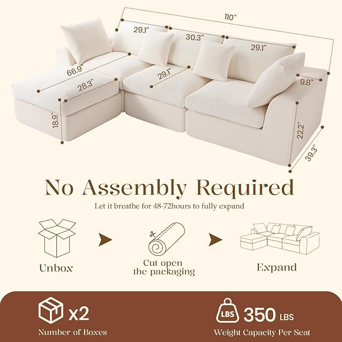 Benazcap 110" Cloud Sectional Couches for Living Room, L-Shaped Convertible Sofa, 3-Seat Modular Boneless Couch with Movable Ottoman, Beige