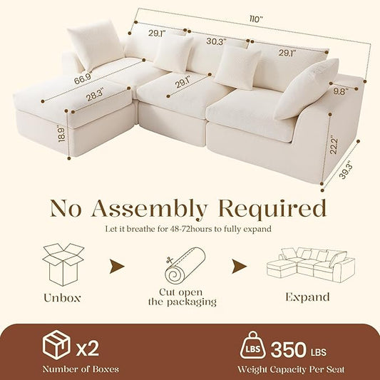 Benazcap 110" Cloud Sectional Couches for Living Room, L-Shaped Convertible Sofa, 3-Seat Modular Boneless Couch with Movable Ottoman, Beige