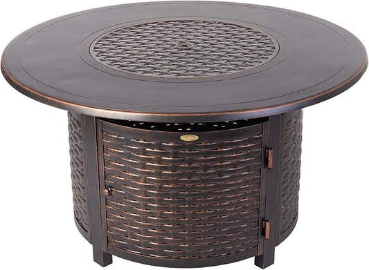 Fire Sense 62373 Florence Woven Aluminum Convertible Gas Fire Pit Table 55,000 BTU Multi-Functional Outdoor with Fire Bowl Lid, Nylon Weather Cover & Clear Fire Glass - Bronze Finish - Round - 44"