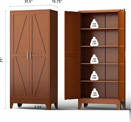 Brown Metal Storage Cabinet,71" Tall Farmhouse Storage Cabinets with 2 Morden Rhombus Doors and 4 Adjustable Shelves, Rustic Freestanding Cupboard for Kitchen,Home Office Living Room,Dining Room