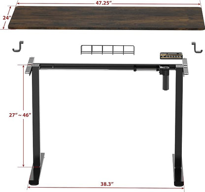 SHW 48-Inch Electric Height Adjustable Sit to Stand Desk with Hanging Hooks and Cable Management, Black Frame and Rustic Brown Top