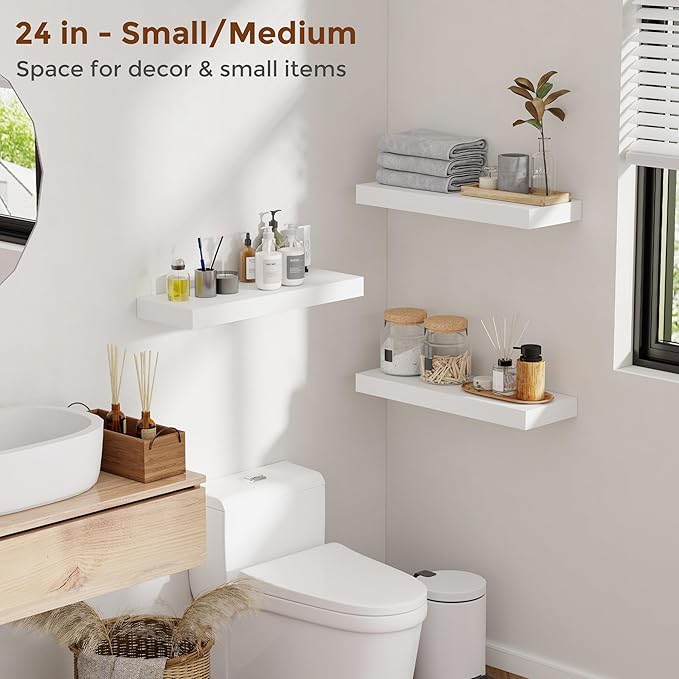 Heimlove 12 Inch Floating Shelves for Wall White Shelves Set of 2,Wall Mounted Rustic Wood 8 Inch Deep Floating Shelf with Invisible Brackets for Bedroom Kitchen Living Room