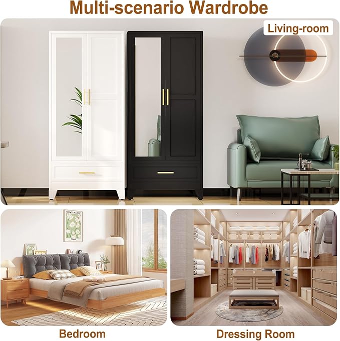 Metal Armoire Wardrobe Closet Storage Cabinet with Mirror Black, 71'' Wardrobe Cabinet with Hanging Rod Metal Closet with Adjustable Shelf and Drawer for Bedroom, Laundry Room, Cloak Room