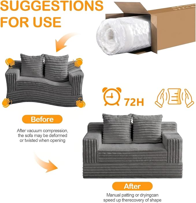 Erament Boneless Loveseat Convertible Sofa Bed, Folding Floor Futon Sleeper Sofa Couch Bed- Boneless Foldable Couch, Corduroy Pull Out Sofa Bed with 2 Pillows for Living Room & Bedroom